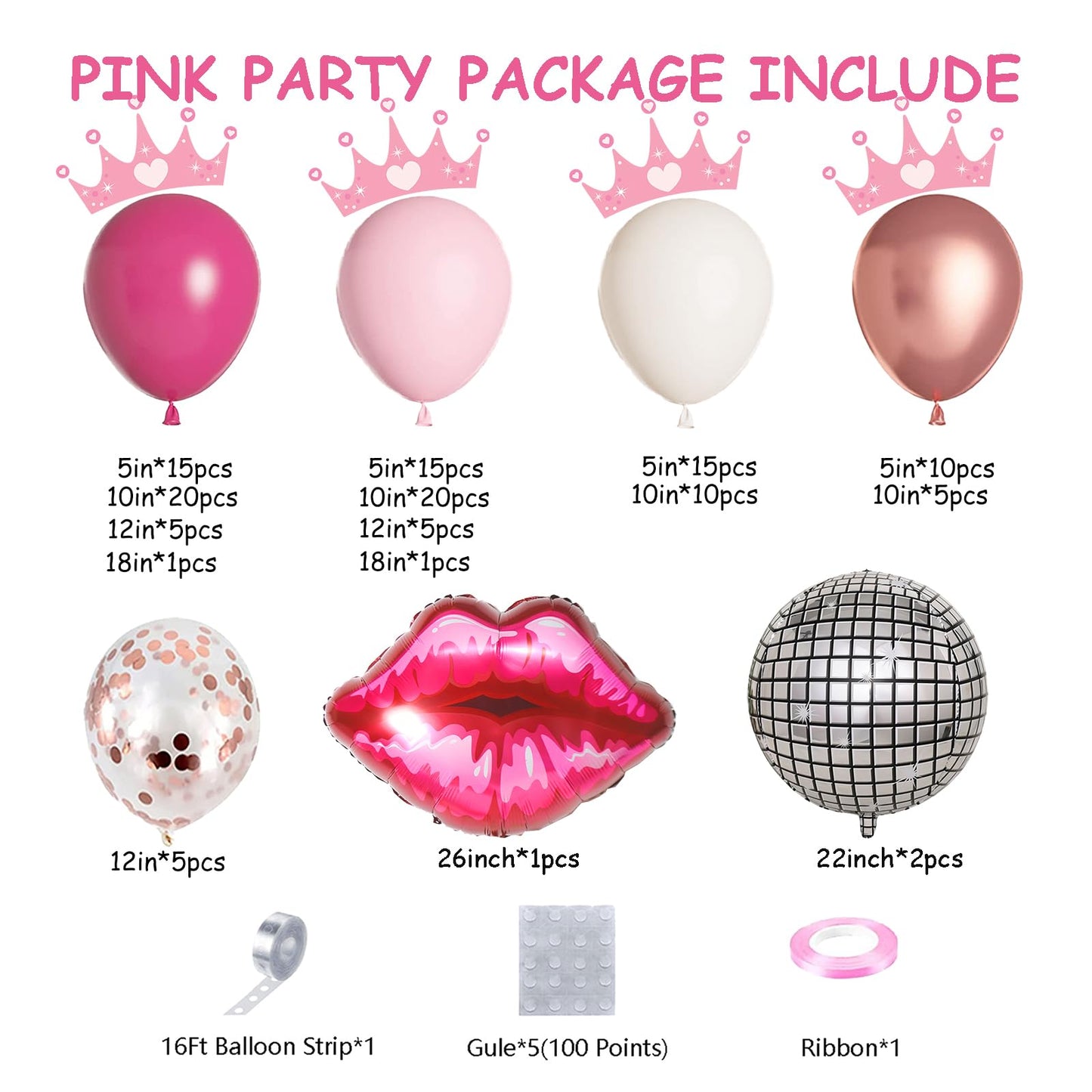 Pink Balloon Garland Arch Kit With Hot Pink Rose Gold Chrome Balloons With Heart Lip Silver Disco Ball Balloon For Girls Birthda