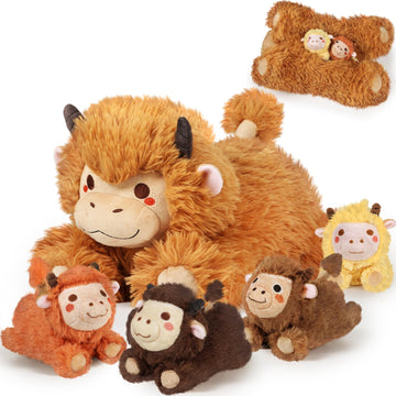 Kmuysl Highland Cow Stuffed Animal For Girls Ages 3 4 5 6 7 8+ Years Old, Mommy Cow Animals Plush Toys With 4 Baby Calves, Soft