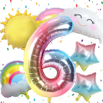 6Th Birthday Decorations Girl, 6Th Rainbow Birthday Balloons Set With Sun Rainbow Gradient Stars And 40 Inch Number 6 Foil Ballo