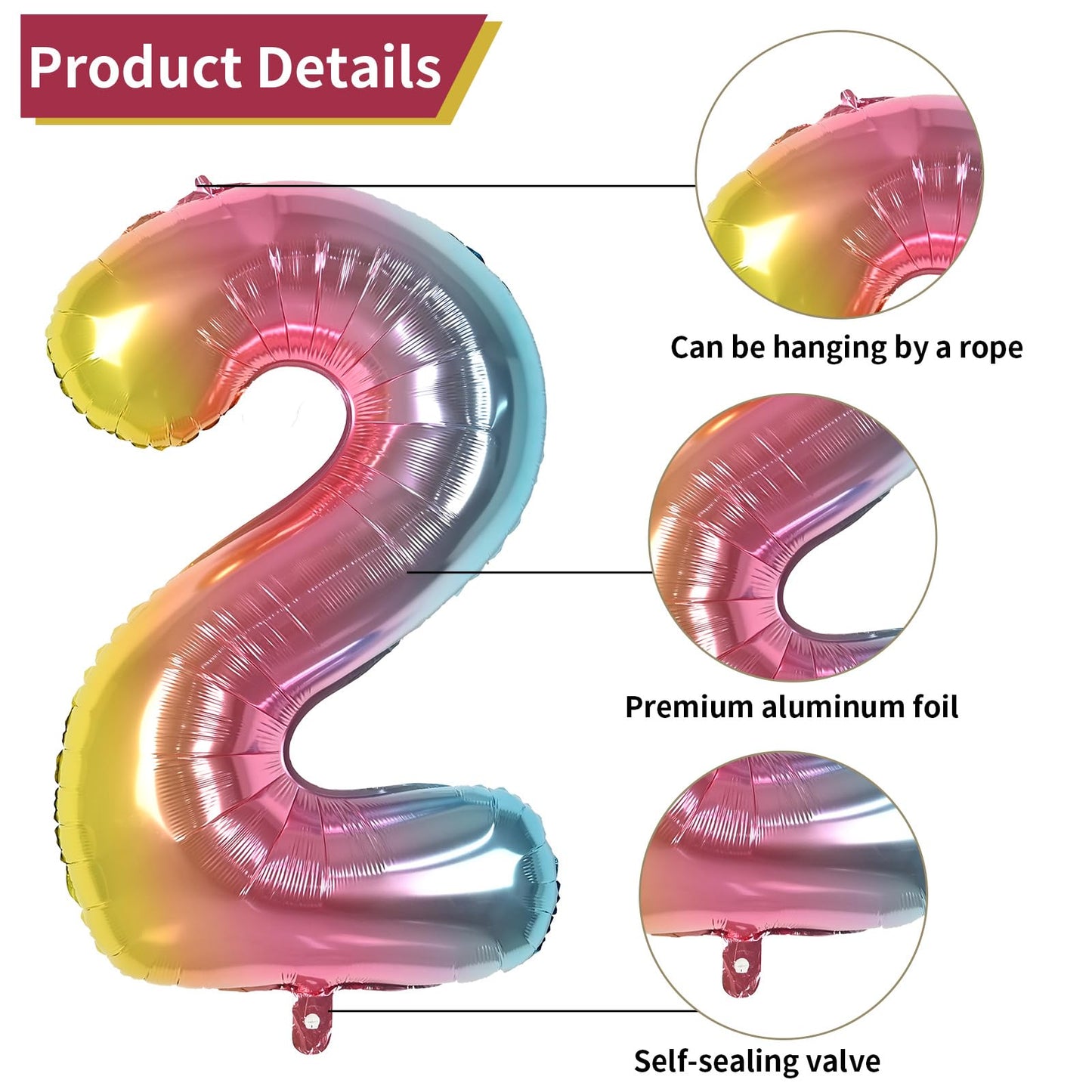 Biapian 40 Inch Rainbow Number 2 Balloons, 7Pcs Gradient Large 2Nd Birthday Balloons With 18'' Foil Heart Balloon Helium For 2Nd