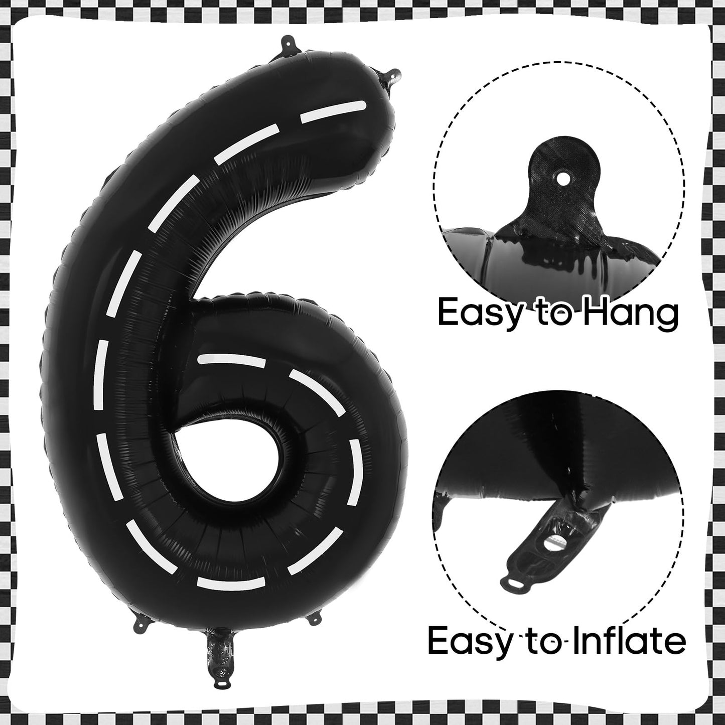 Race Car 6 Balloons, 40 Inch Racetrack Number 6 Balloon, Large Foil Mylar Racetrack Black 6 Balloon For 6 Year Old Birthday Race