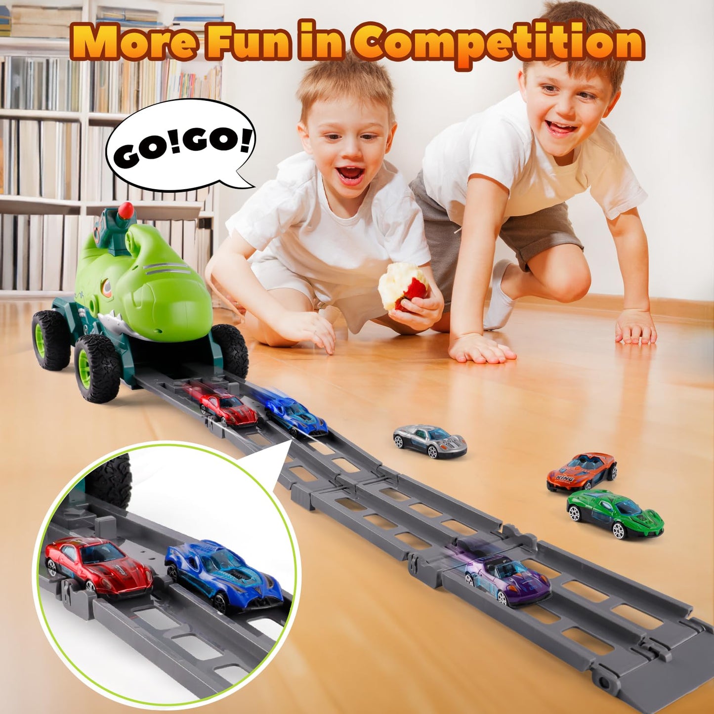 YOOYID Dinosaur Truck Toys for 2 3 4 5 Year Old Boy with 6 Die-Cast Metal Toy Cars, Gifts for 2 3 4 5 Year Old Boys, Foldable Tr