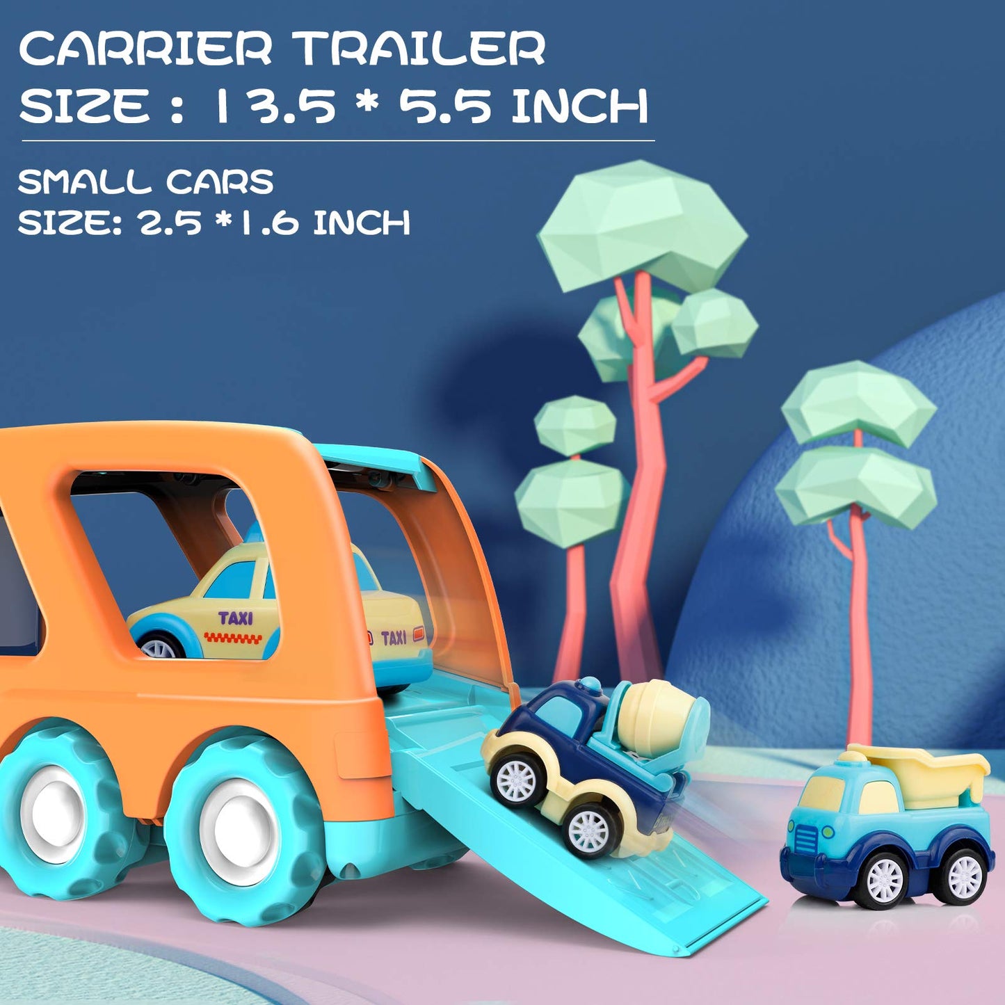 Forty4 9 Pack Cars Toys Set - Big Transport Truck with 8 Pull Back Trucks, Sound & Light, Blue, 13.5x5.5 inch, Ideal for Toddlers