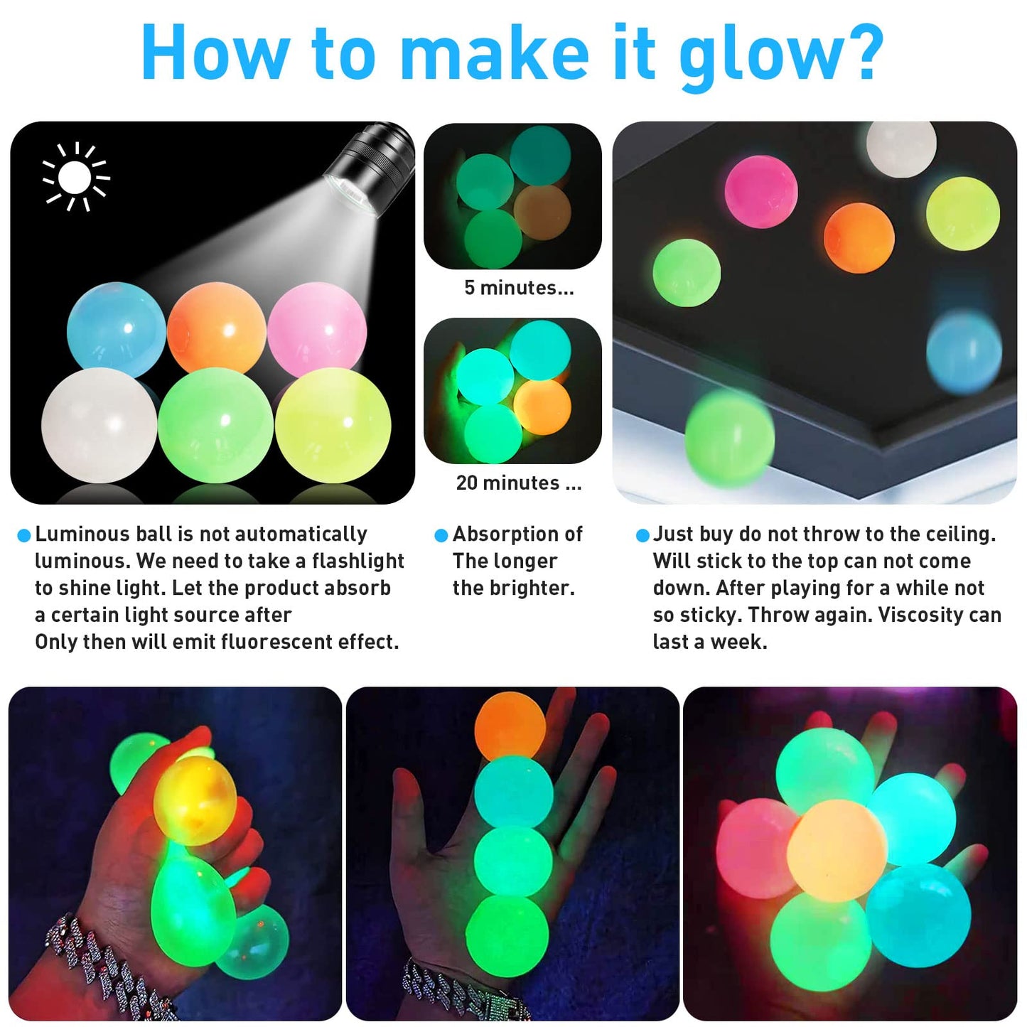 12 Pcs Ceiling Balls Glowing Sticky Balls, Stress Balls Glow In The Dark Toys, Luminous Stress Relieving Balls Fun Decompression
