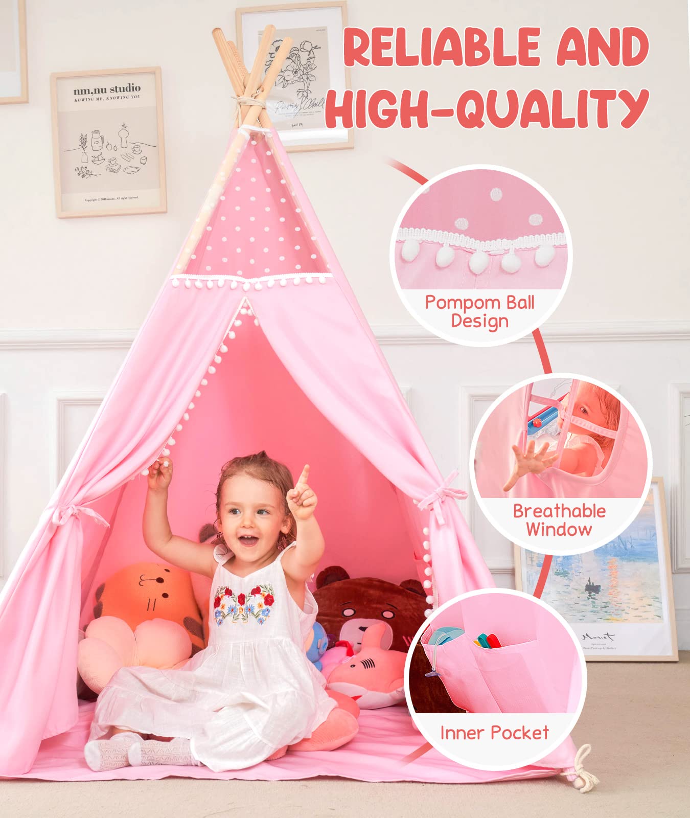 Gamenote Teepee Tent For Kids Indoor Tents With Mat, Inner Pocket, Unique Reinforcement Part - Foldable Kids Play Tent Canvas Tipi Childrens Tents For Girls & Boys (Pink)