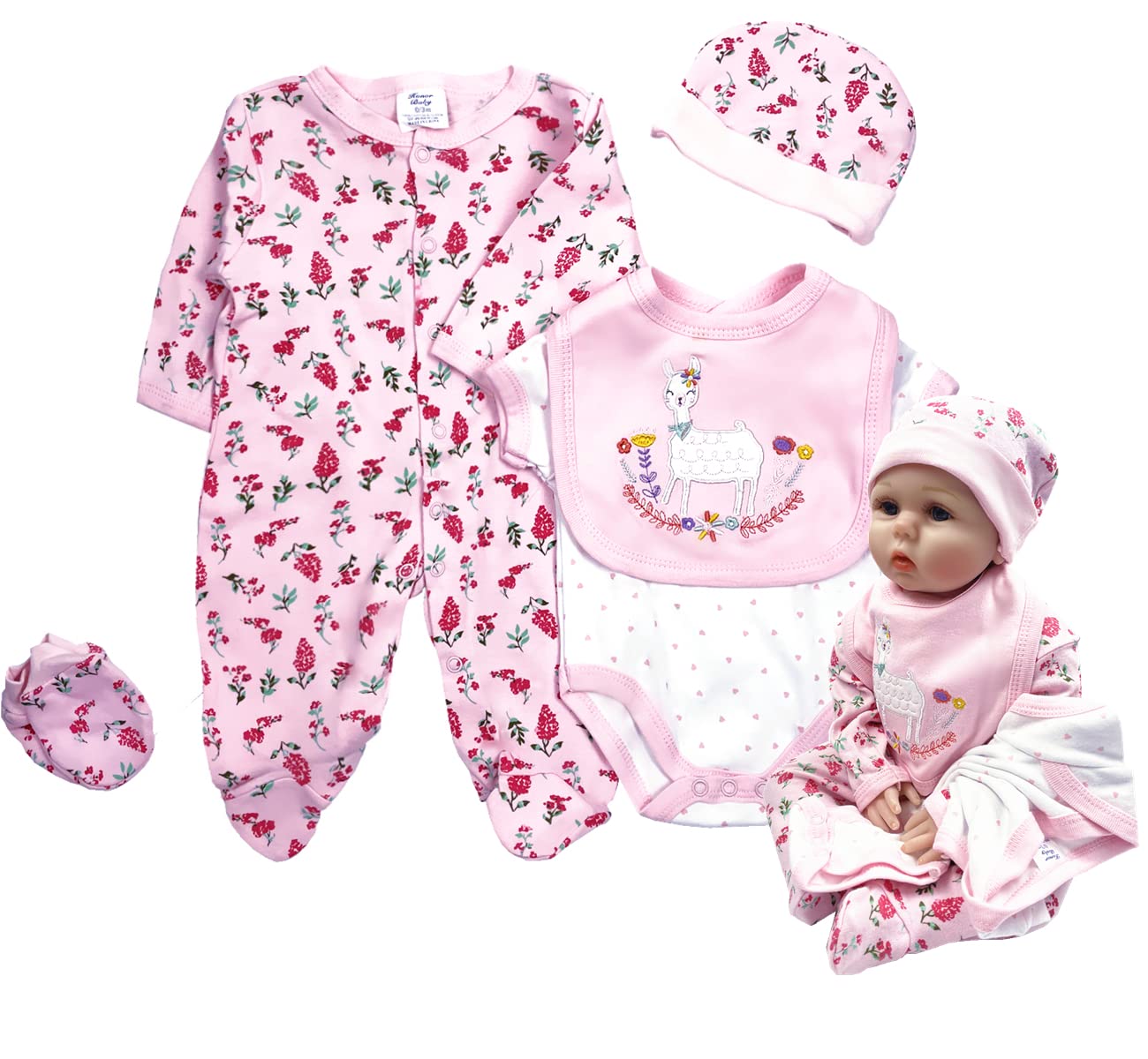 Reborn Baby Doll Clothes 22 Inch Flowers & Deer 5Pcs Set For 20-23 Inches Reborn Baby Girl Newborn Alive Doll Clothes