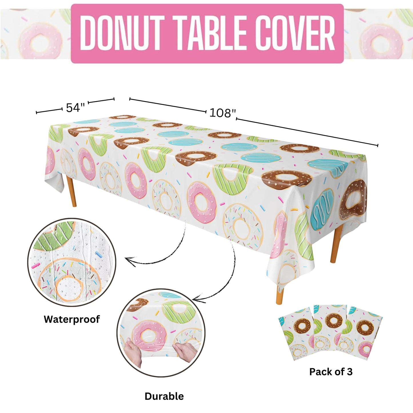 Blue Orchards Donut Table Covers (Pack of 3) - 54x108 XL - Donut Birthday Party Decorations, Donut Table Covers, Donut Tableclot