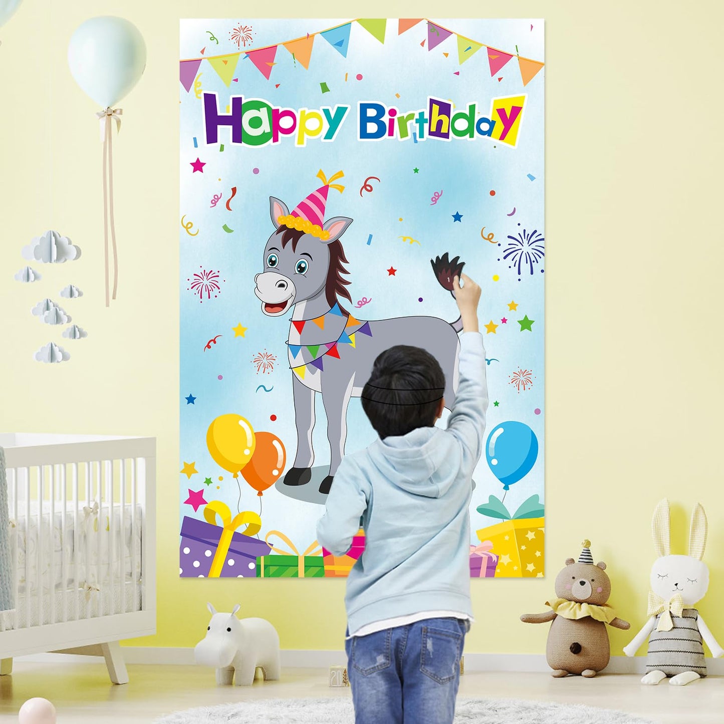 Eaezerav Pin The Tail On The Donkey Birthday Party Game With 50 Pcs Tails Large Donkey Games Poster For Kids Birthday Party Supp