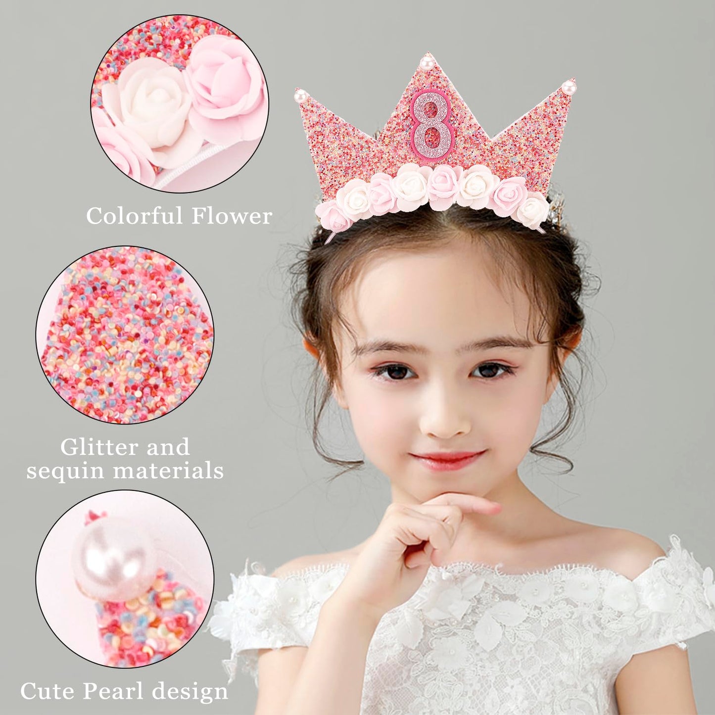 SuPoo 8th Birthday Decorations for Girl 8th Birthday Girl Headband Birthday Crown for Girls Glitter Hair Band for Party 8 Year O