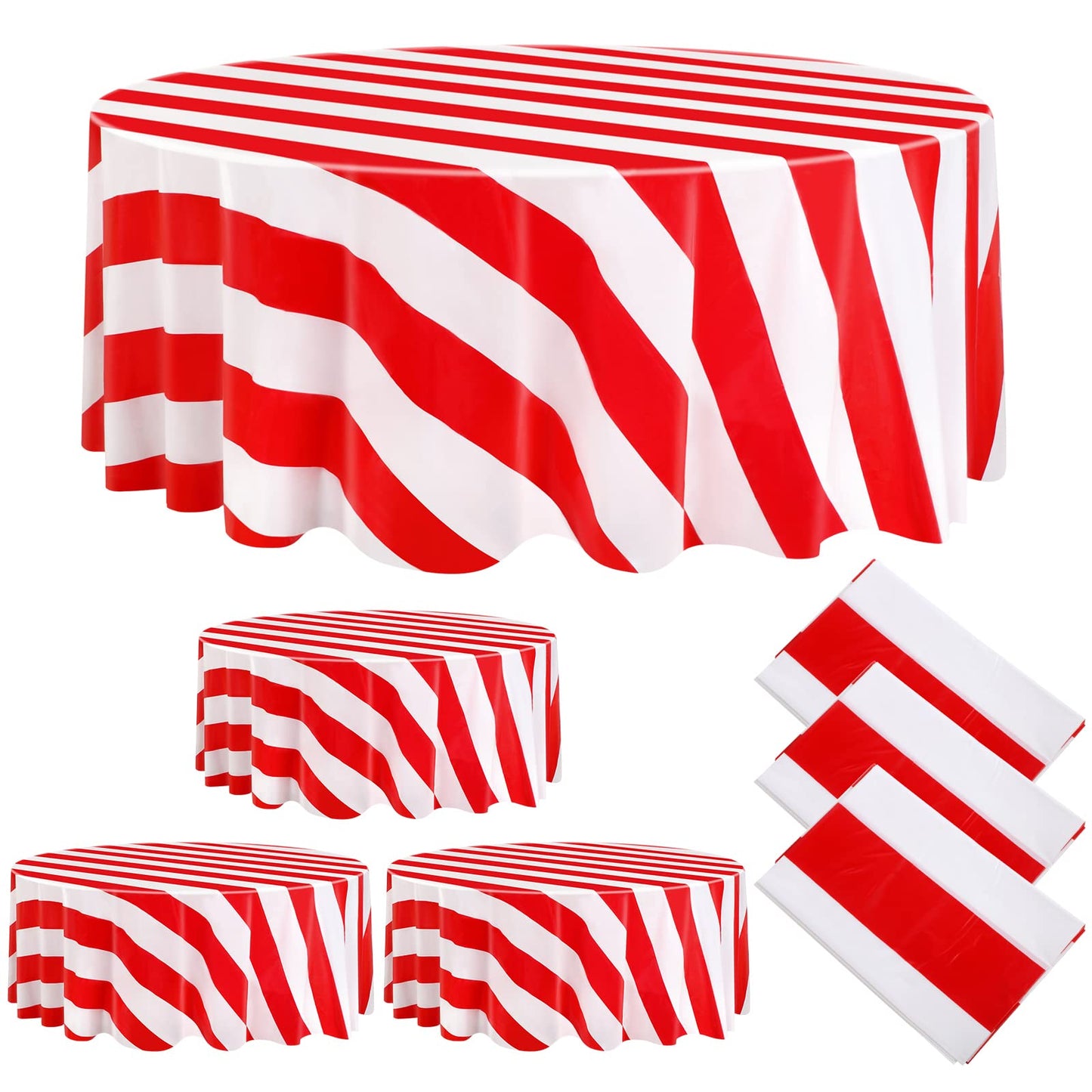 Tatuo 3 Pcs Red and White Round Circus Table Cloth 84 Inch Carnival Circus Tablecloths Striped Disposable Plastic Table Cover fo