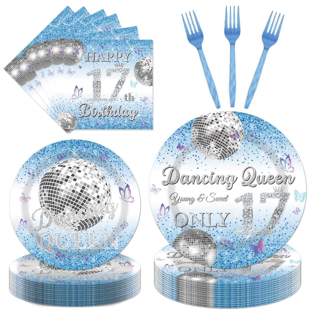 96Pcs Dancing Queen 17th Birthday Disposable Tableware Set - Dancing Queen Happy 17th Birthday Paper Plates Napkins Forks Blue D