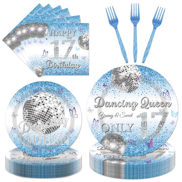 96Pcs Dancing Queen 17th Birthday Disposable Tableware Set - Dancing Queen Happy 17th Birthday Paper Plates Napkins Forks Blue D