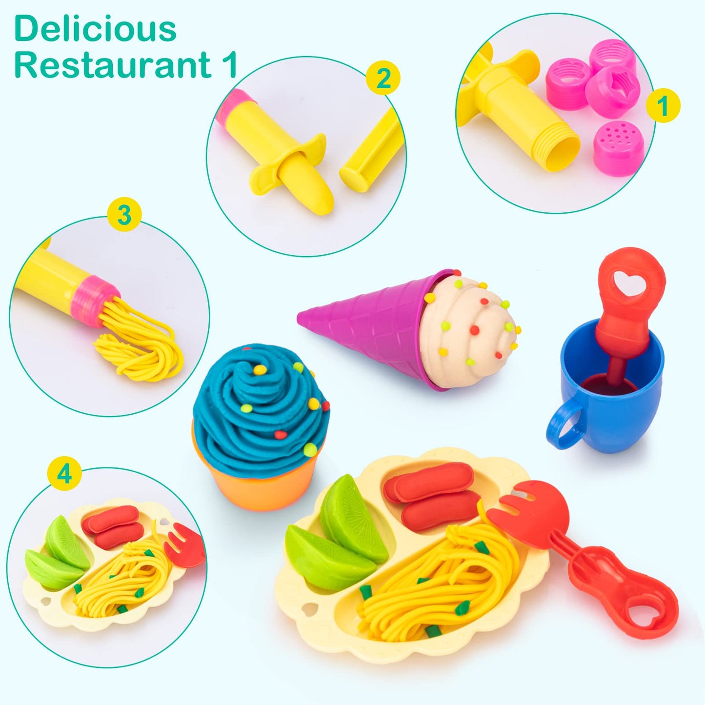 Dough Tools for Kids, 41Pcs Dough Toys Include Play Food Molds - Cupcakes, Ice Cream, Burger, Fries, Noodle, Play Bulk Pack with