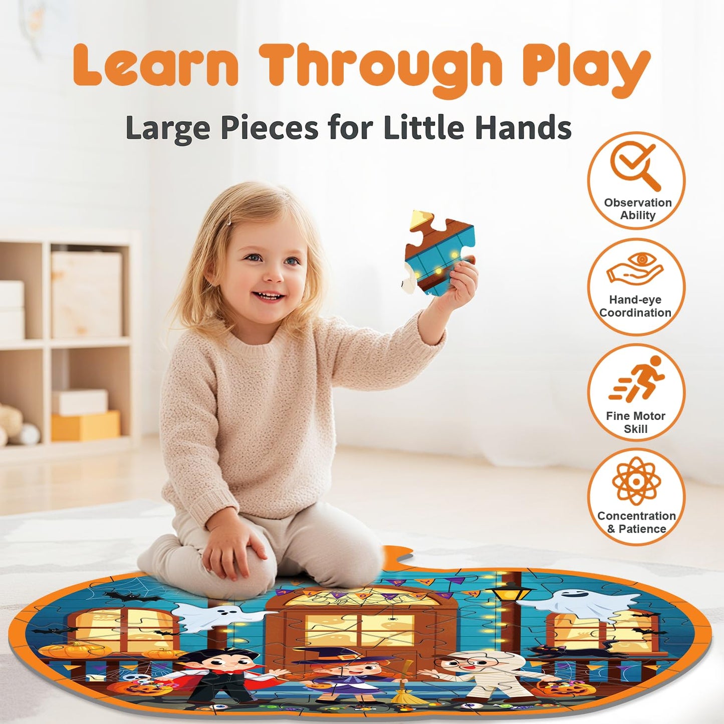 45 Pcs Halloween Floor Puzzle for Kids Age 4-8  Jumbo Pumpkin Jigsaw Puzzles Halloween Boo Basket Gifts Stuffers for Kids Girls Boys