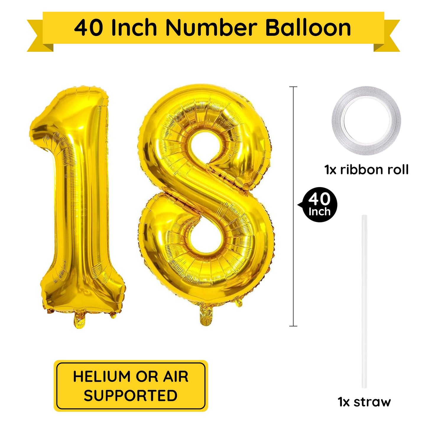 Paticool Gold Number 18 Balloon, 40 Inch Large 18/81Number Foil Mylar Balloons For 18Th Birthday Party Celebration Decorations S