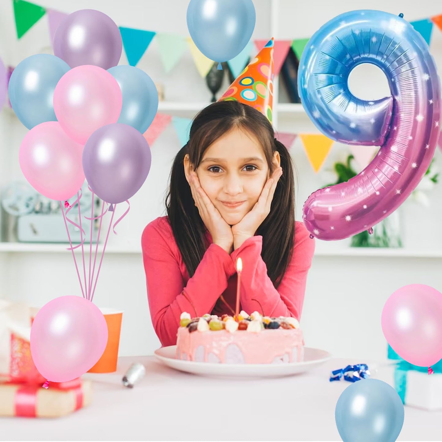 40 Inch Gradient Blue Pink Number 9 Balloon, 9Th Birthday Balloons, 11Pcs Pearl Light Purple Pink Blue Latex Balloons 9 Foil Bal