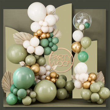 Partywoo 140 Pcs Olive Green Balloon Arch Kit, Sage Green Balloon Garland Kit With Cream White Metallic Gold Retro Green Clear Balloons And Arch Kit For Birthday, Baby Shower, Wedding