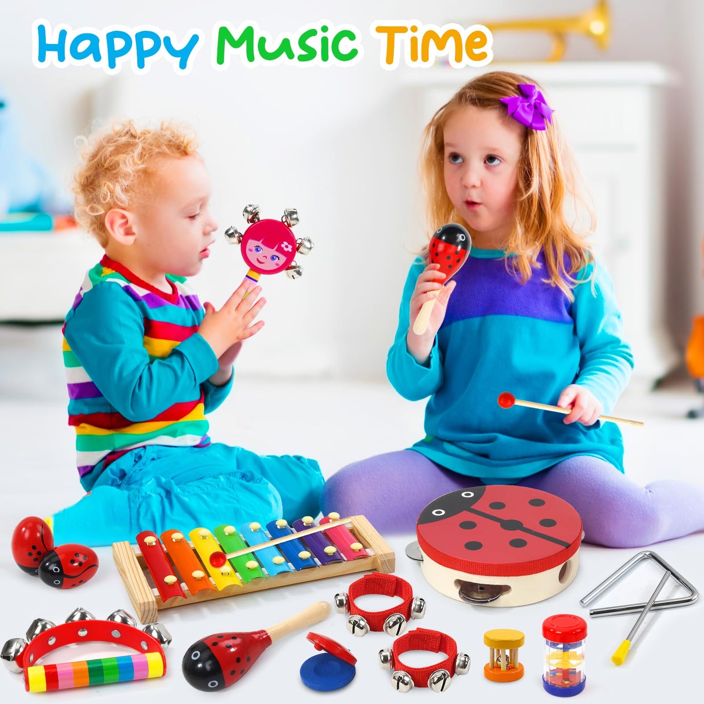 Raimy Kids Musical Instruments Set - Wooden Percussion Instruments Toy For Toddler Baby, Preschool Educational Music Toys For Boys And Girls With Carrying Bag (Red)