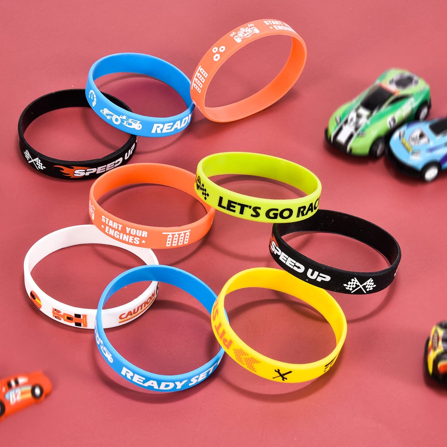 Lorfancy 48 PCS Race Cars Party Favors Slap Bracelets for Kids Boys Rubber Bracelets Silicone Wristbands Checkered Flags Car Rac