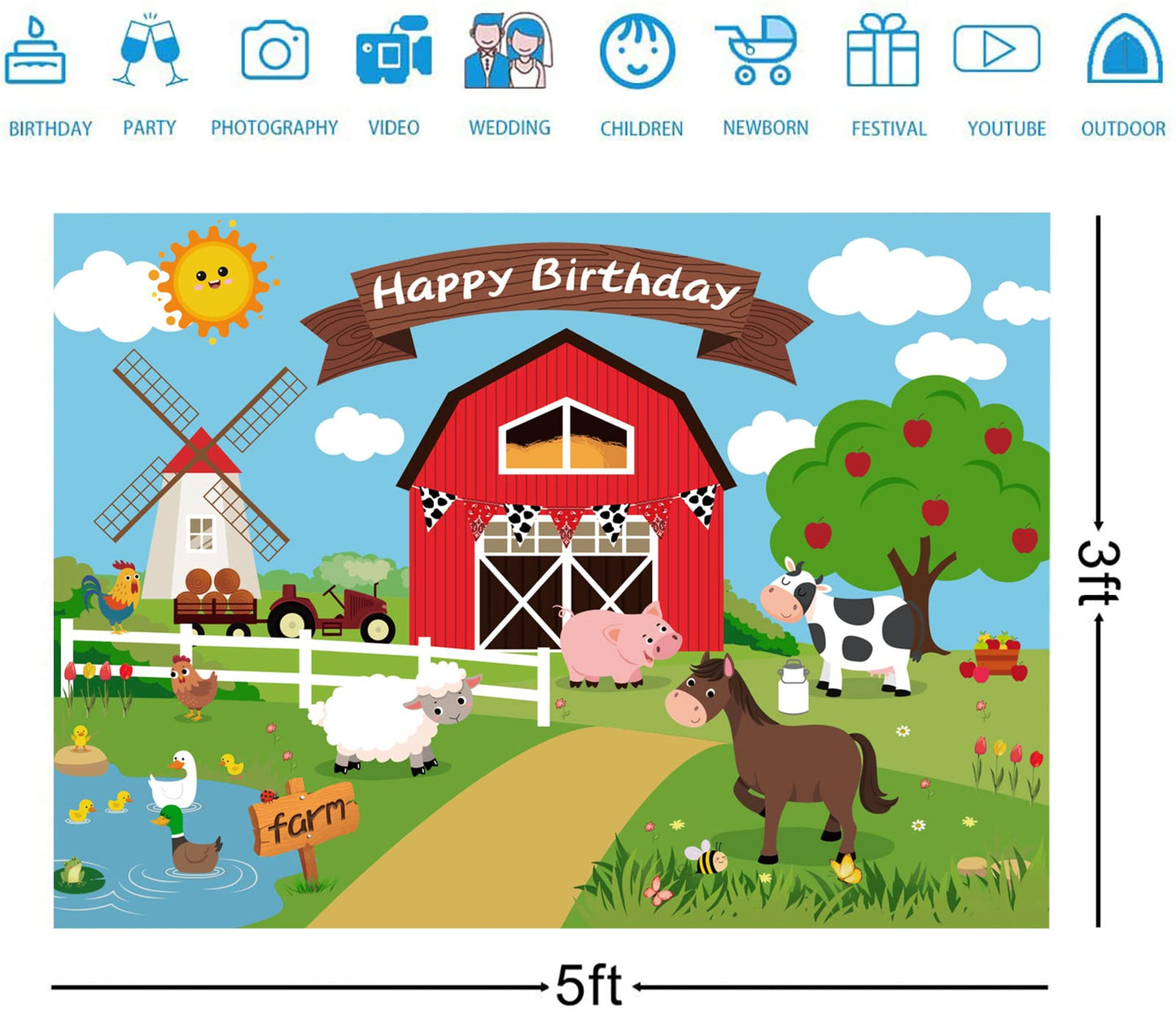 7X5Ft Farm Backdrop Farm Birthday Party Supplies Farm Animal Party Decorations Supply Happy Birthday Large Farm Photography Back