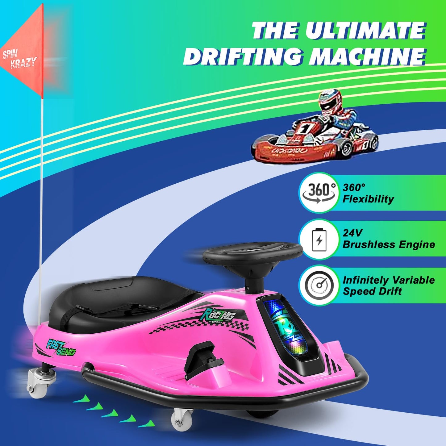 360 Degrees Rotating Ride On Drift Car, 24V Electric Drifting Go Kart For Kids W/Replacement Wheels, High/Low Speed, 24V Brushless Motor, Flashing Lights, Flag, Music,Bluetooth (Pink)
