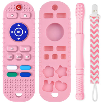 Baby Teether Toys Silicone, Remote Control Shape Teething Toys With Hollow Teether Tube And Pacifier Clip, Silicone Baby Teething Toys For Over 3 Months, Bpa Free Baby Teething Toys (Pink)