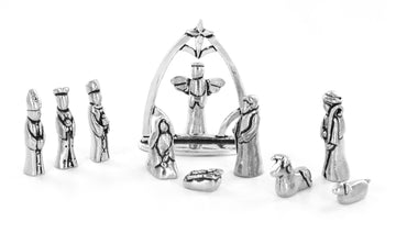 Nativity Set With Chreche Mini Pewter Figurine 11 Pc Set With Velvet Pouch
