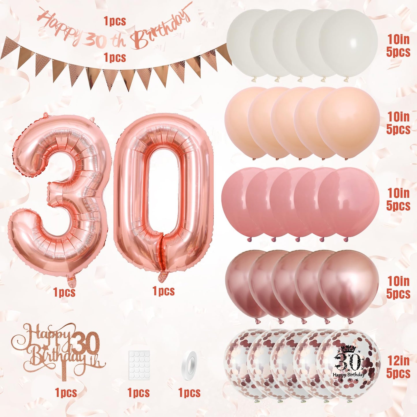 30Th Birthday Decorations Retro Pink Rose Gold,30Th Birthday Balloons,Happy 30Th Birthday Banner With Cake Toppers Rose Gold Num
