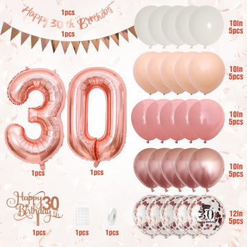 30Th Birthday Decorations Retro Pink Rose Gold,30Th Birthday Balloons,Happy 30Th Birthday Banner With Cake Toppers Rose Gold Num
