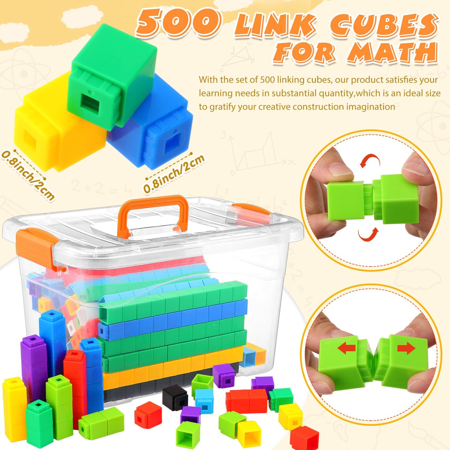 Jenaai 500 Pcs Math Learning Linking Cube with Storage Container Counting Cubes, Colorful Plastic Counting Blocks, Manipulatives