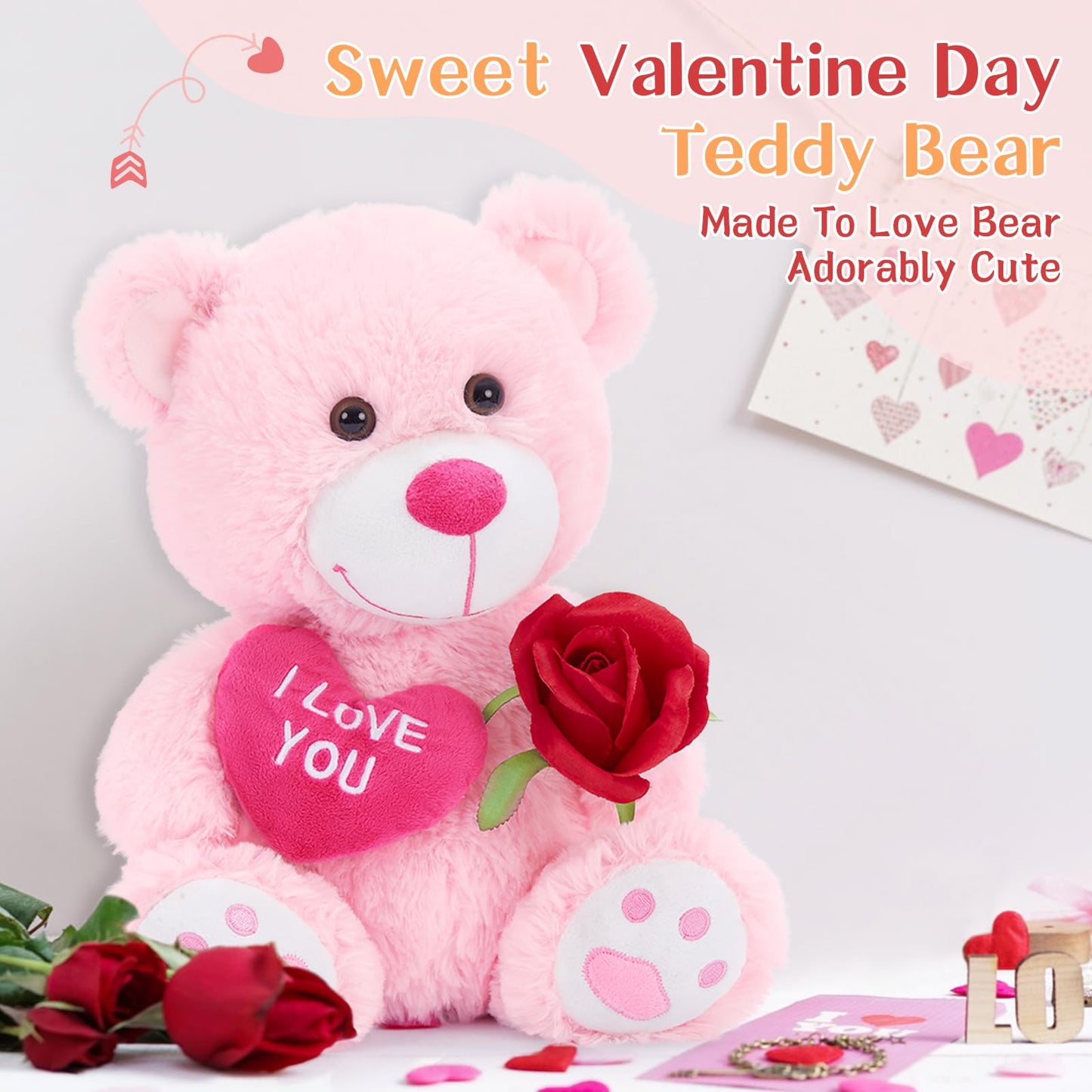 Beniny 12'' Teddy Bear With Heart, Cute Pink Teddy Bear Stuffed Animals For Valentines Day Soft Bear Plushie Toy Stuffed Bear Pl