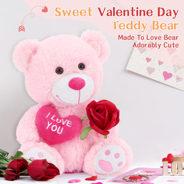Beniny 12'' Teddy Bear With Heart, Cute Pink Teddy Bear Stuffed Animals For Valentines Day Soft Bear Plushie Toy Stuffed Bear Pl
