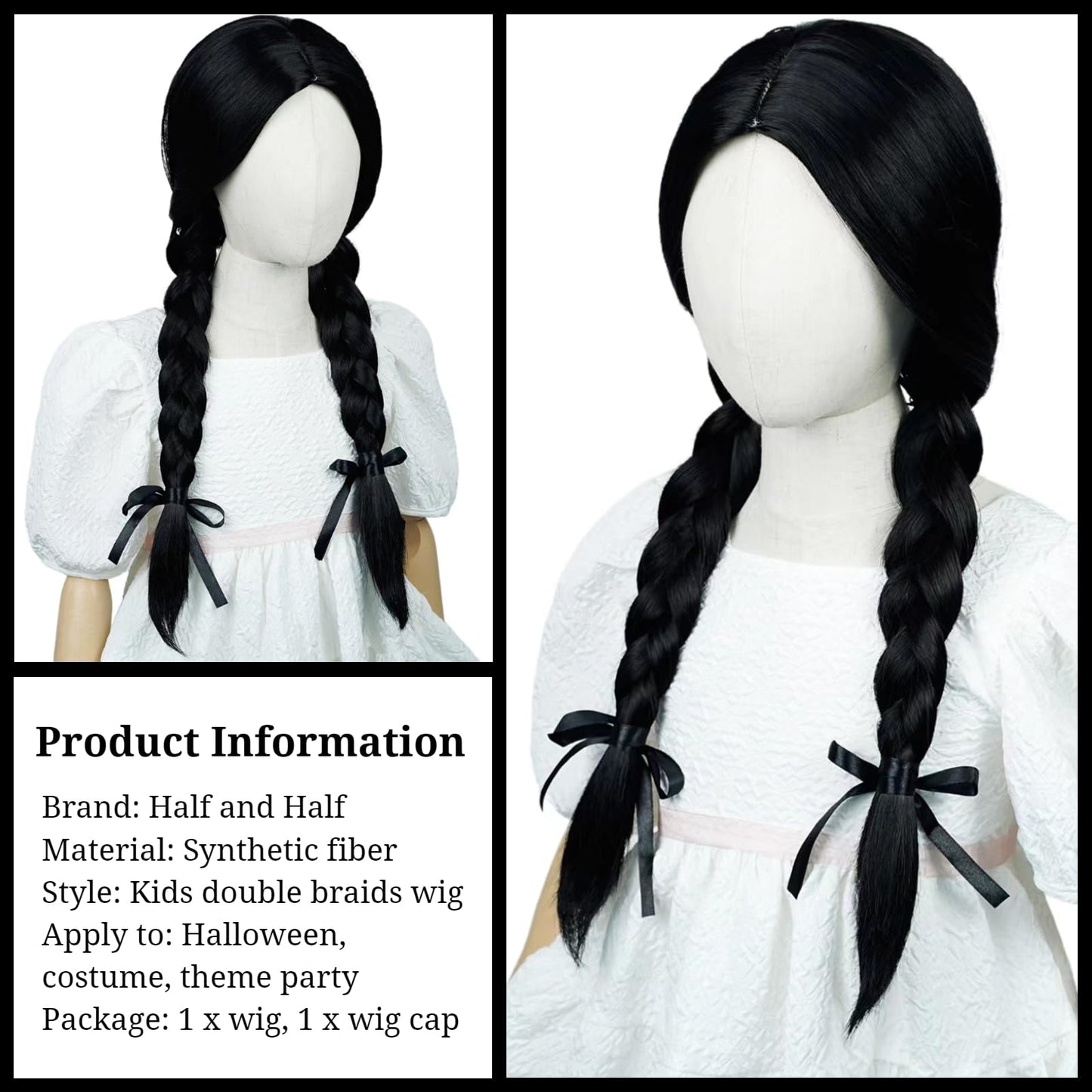 Black Braided Wig For Kids Girls Long Middle Part Kid'S Cosplay Wig Toddler Heat Resistant Synthetic Hair With Hairnet For Hallo