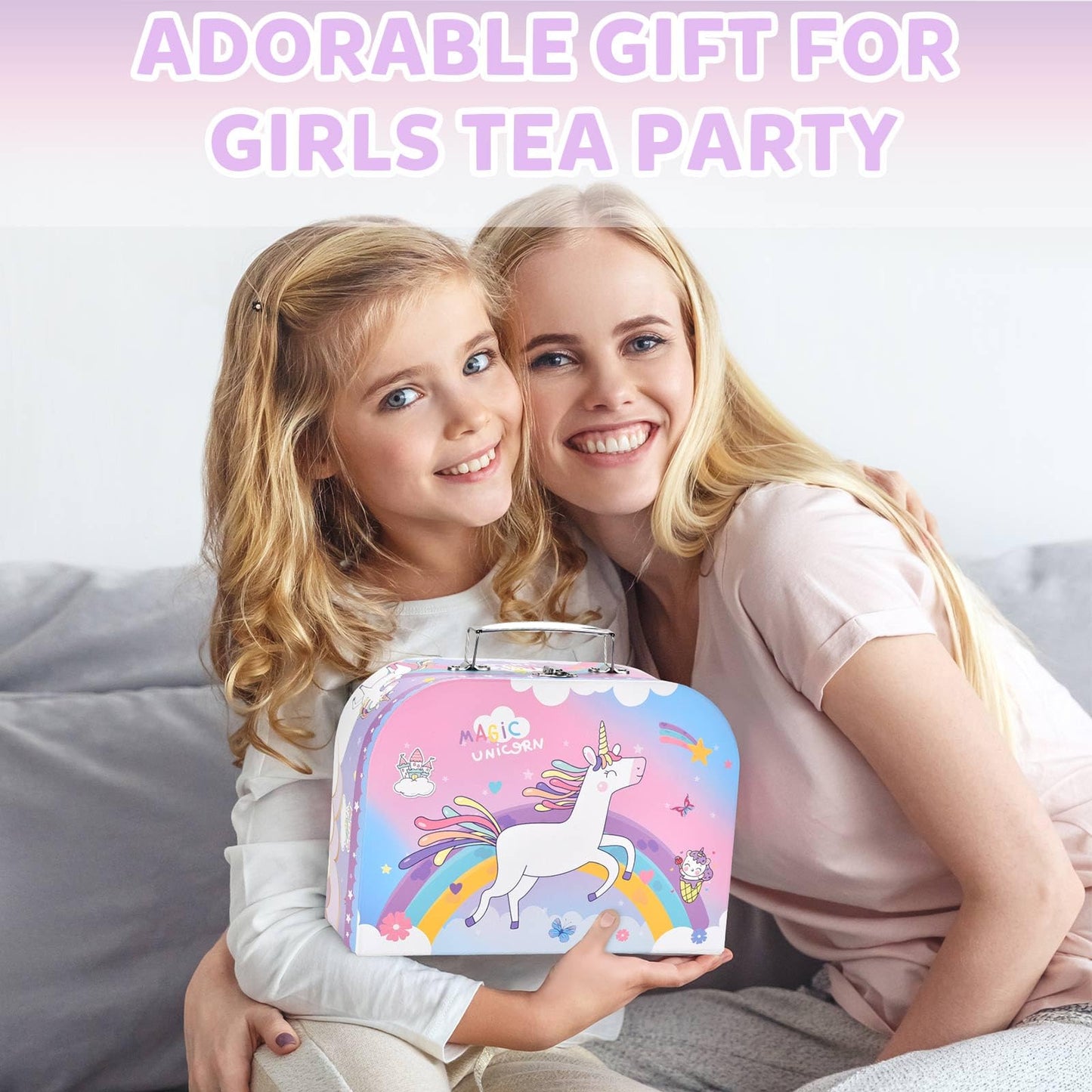 Lajeje Unicorn Tea Party Set for Little Girls, Pretend Plastic Teapot Set, Princess Tea Time Play Kitchen Toy with Dessert, Carr