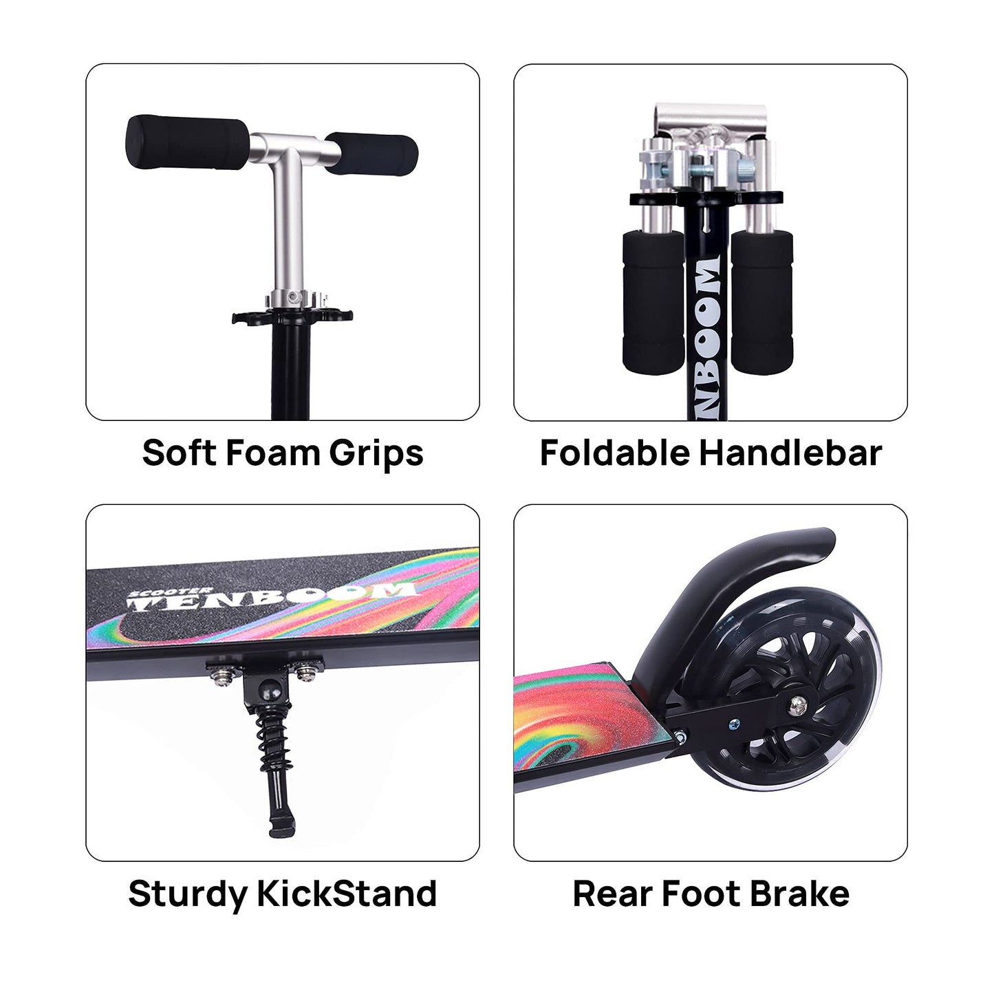 TENBOOM Kids Scooter, Light Up Wheels, Easy Folding, Adjustable Handlebar, Black, Ages 3-12, Aluminum Model