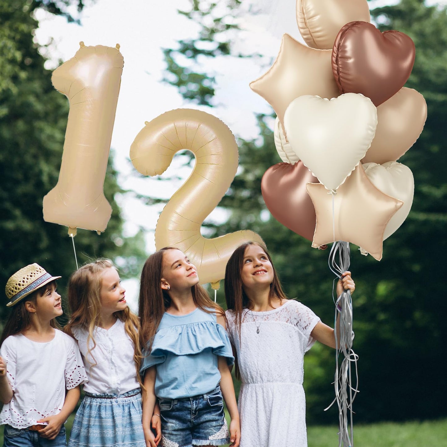 Cream 13 Balloons Decor, Beige Nude Apricot Brown Tan Foil Star Heart Balloons, 40'' White Sand Helium Neutral Number 13 Balloon