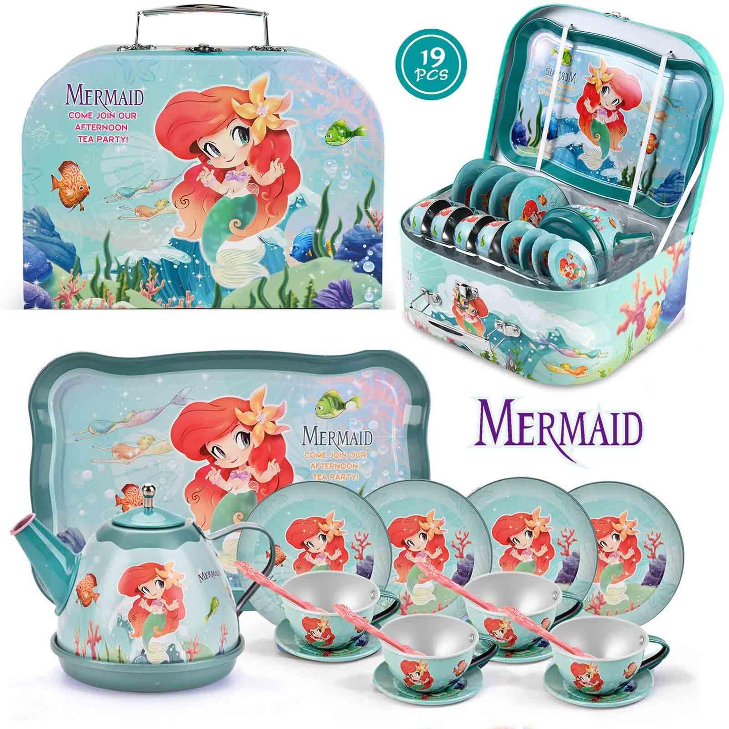 Lajeje Mermaid Tea Party Set for Little Girls, Kids Party Set Toys for 3 4 5 6 Year Old Girls, Pretend Toy Tin Tea Set & Carryin