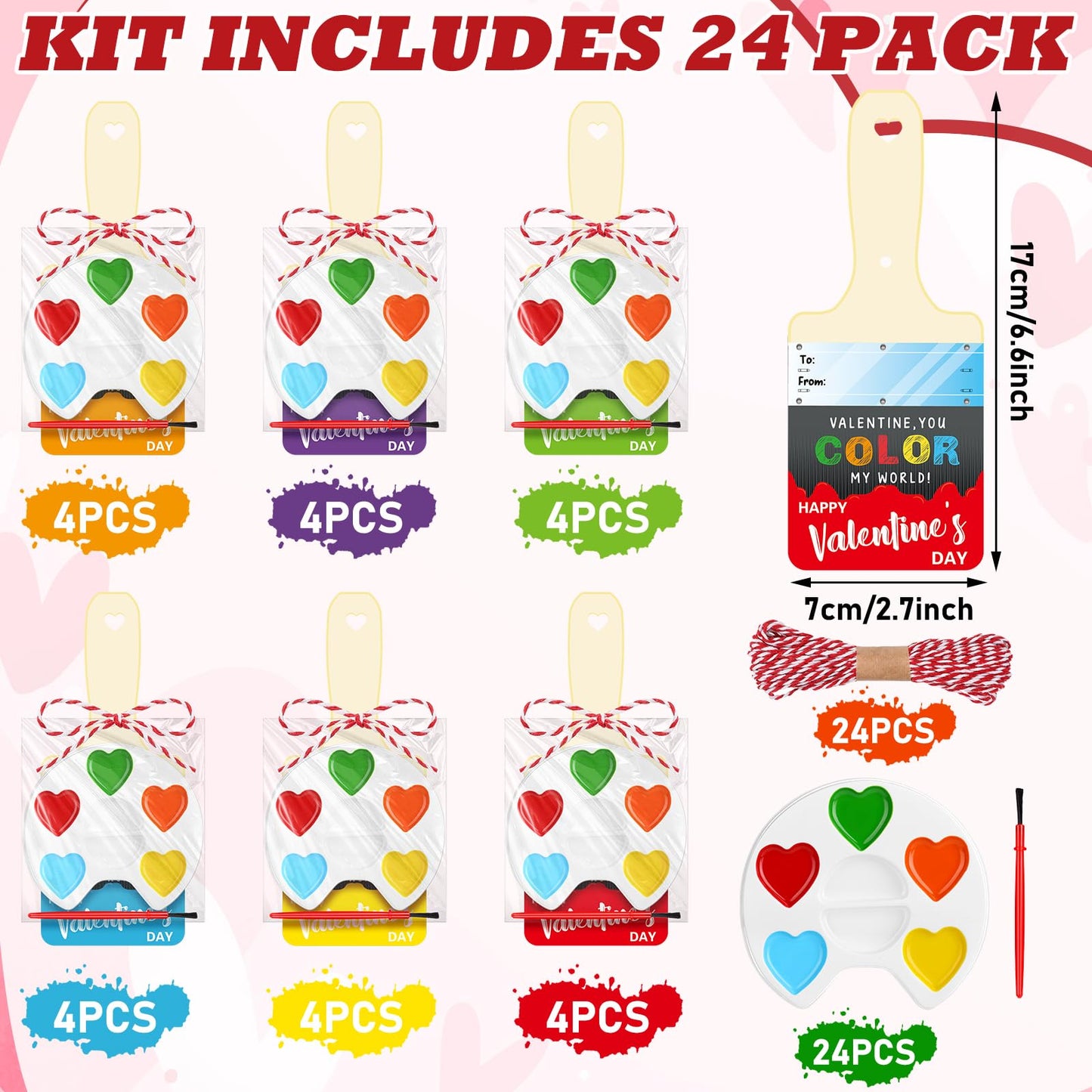 Noveread 24 Pack Watercolor Paint Sets for Valentines Day Gifts Include 24 Pcs Valentines Cards 24 Pcs Watercolor Paint 24 Pcs