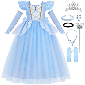 Luzlen Cinderella Costume For Girls Kids Blue Princess Dress With Accessories Halloween Birthday Party Outfits, 7-8Y(Tag 150)