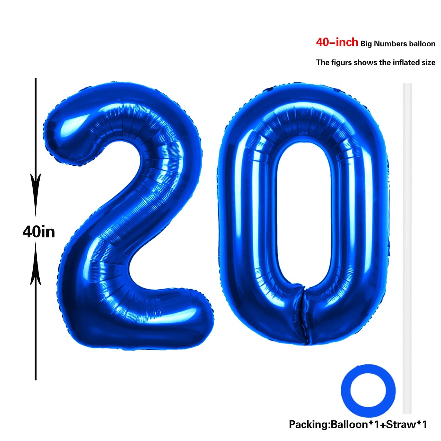 40 Inch Number 20 Balloon Blue Jumbo Giant Big Large Number 20 Foil Mylar Blue Balloons 20Th Birthday Party Anniversary Decorati