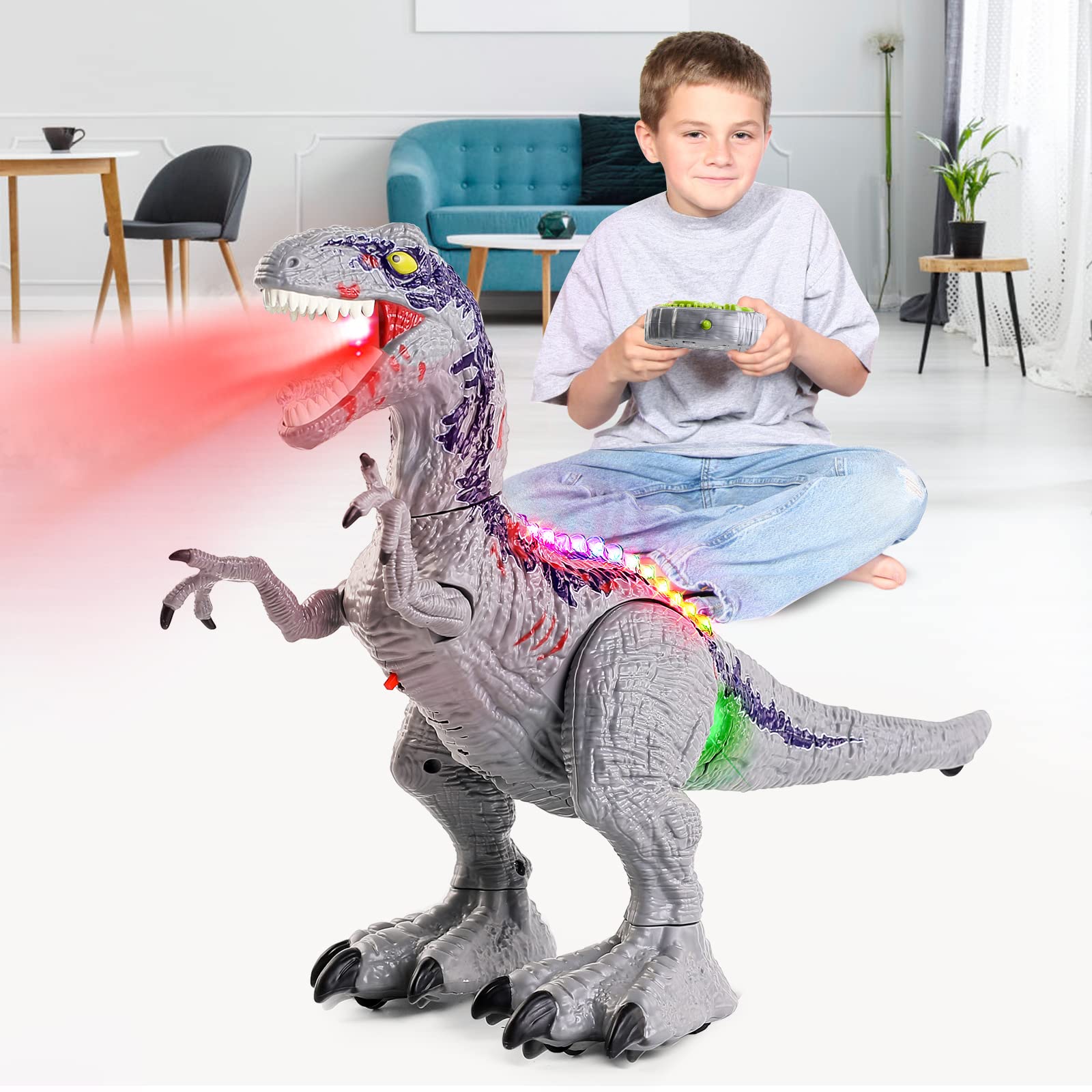 Remote Control Dinosaur For Boys 4-7 Year Old, Big Jurassic Velociraptor Rc Walking Dinosaur Toys For Kids 3-5, Electric Robot Dinosaur With Spray, Light & Sound, Birthday Gift For Kids