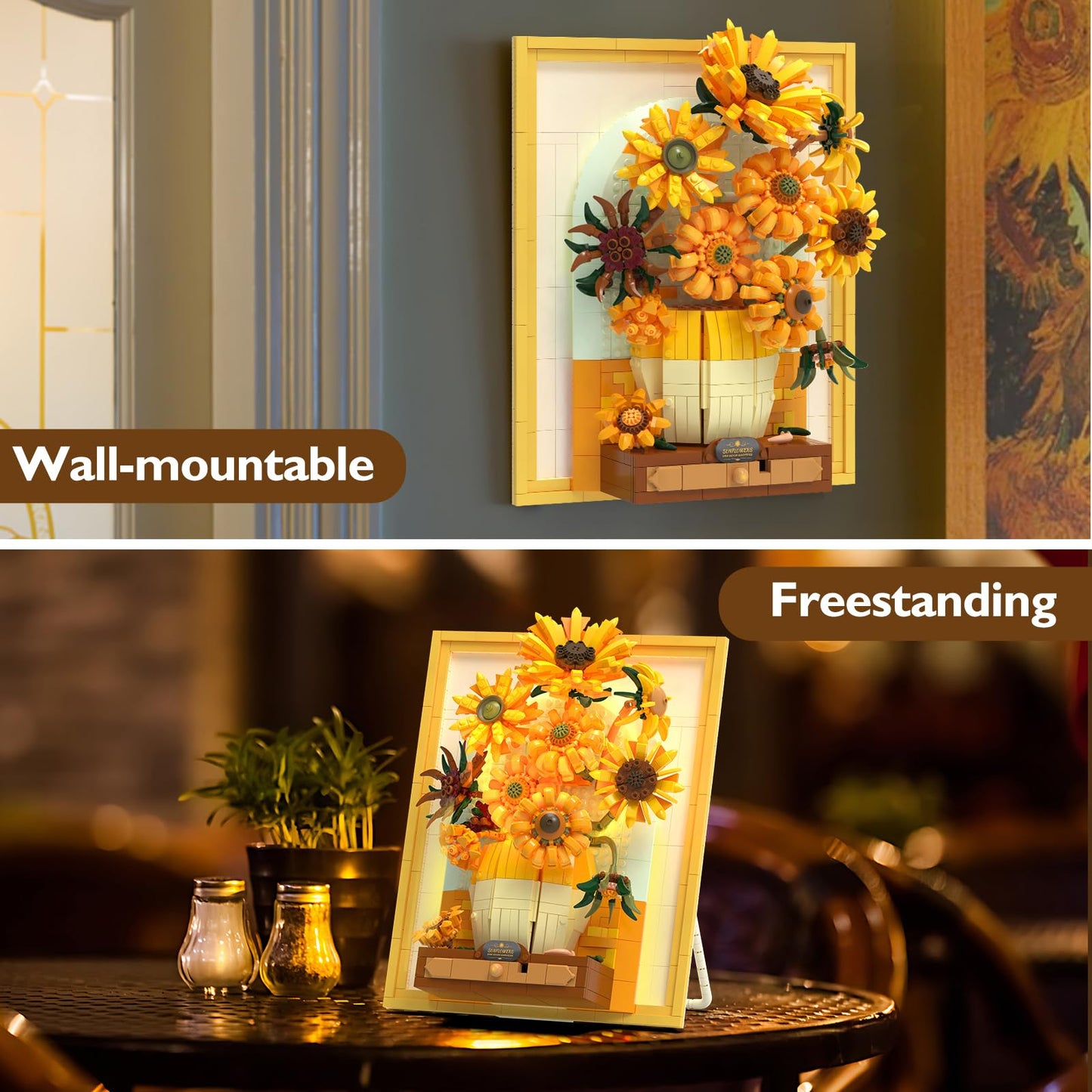 JMBricklayer Flowers Sunflower Building Sets for mature-themed with Lights 70004  Van Gogh Wall Art Crafts Ideas Flower Bouquet  Painting Frame Room Decor  Thanksgiving Christmas Birthday Gifts for Women Girl