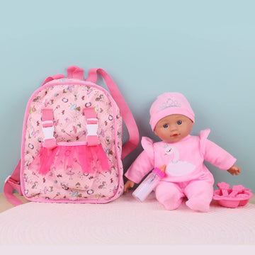 Haveahug 13'' Soft Baby Doll With Take Along Pink Doll Backpack Carrier, 6 Piece Play Set With Bottle & Accessories(Pink)