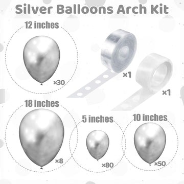 170 Pieces Silver Balloons Silver Metallic Balloons Silver Balloon Arch Kit Silver Balloon Garland For Silver Birthday Wedding G