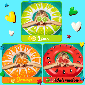 90Shine 3Pcs Fruit Pool Floats: Watermelon Orange Lime Swimming Rings - Inflatable Tubes Floaties Toys For Kids Adults