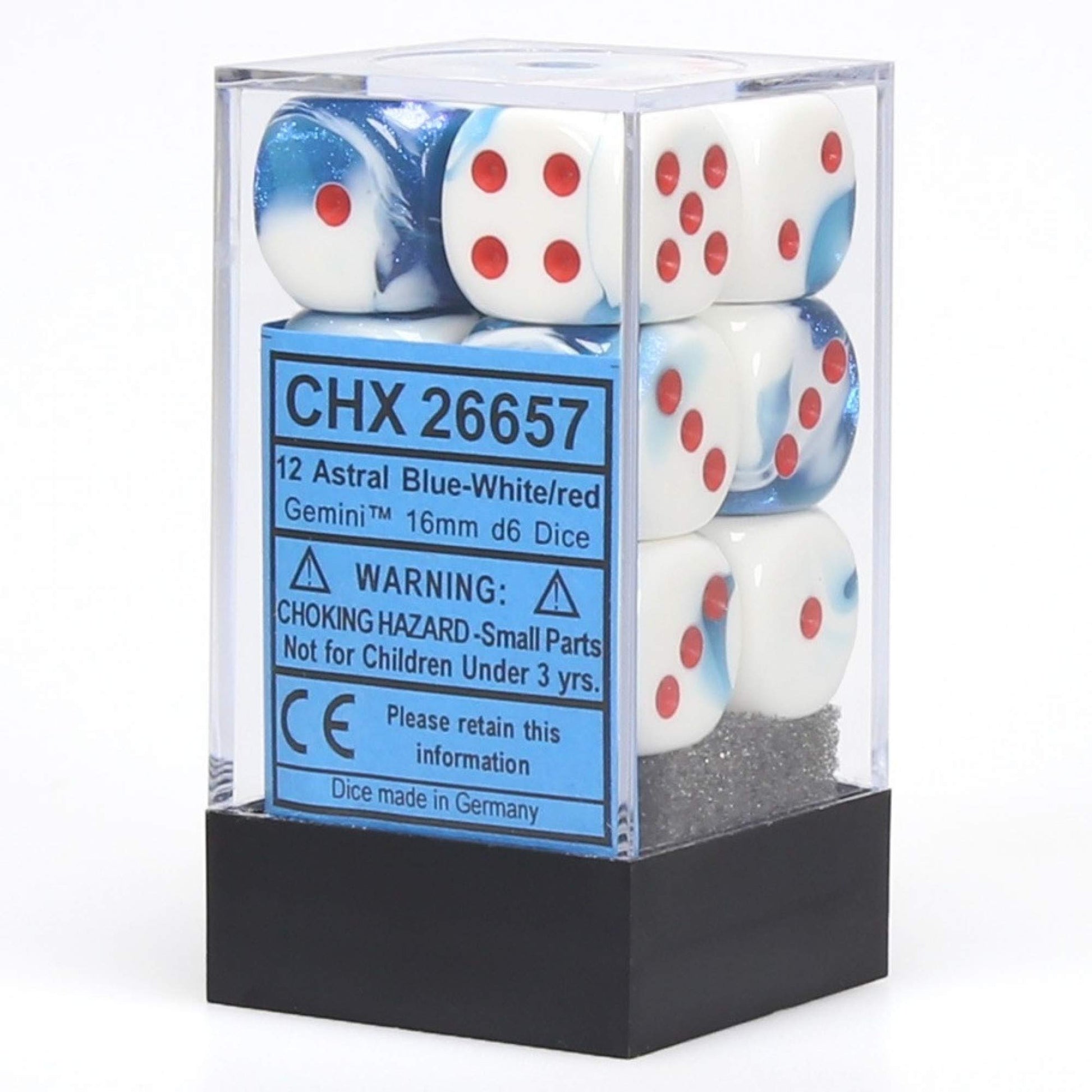 Chessex Dice d6 Sets: Gemini Astral Blue / White with Red - 16mm Six Sided Die (12) Block of Dice