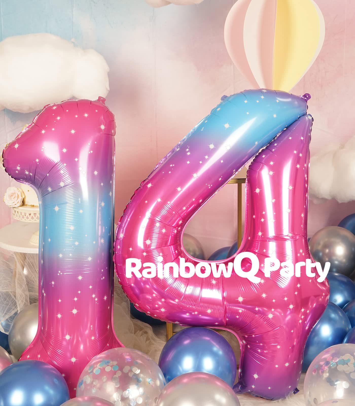 RainbowQ 14 Inch Number Balloons - Large Foil Mylar 0-9 in Pink Blue for Birthday Party Decorations