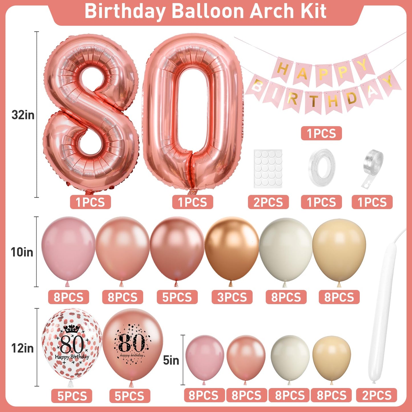 80Th Birthday Decorations For Women,Rose Gold 80Th Birthday Balloon Arch Garland Kit With Happy 80Th Birthday Number 80 Foil Bal