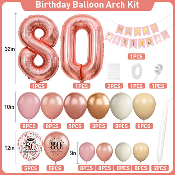 80Th Birthday Decorations For Women,Rose Gold 80Th Birthday Balloon Arch Garland Kit With Happy 80Th Birthday Number 80 Foil Bal