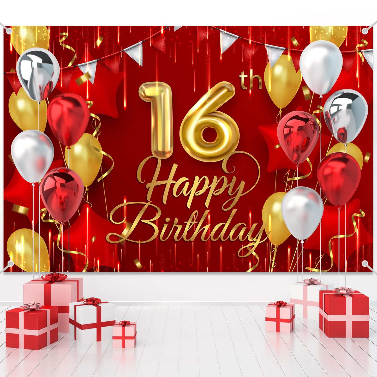 NC 16th Birthday Backdrop Banner Decorations Red and Gold for Boys Girls Happy 16 Years Old Bday Background Photography Party De